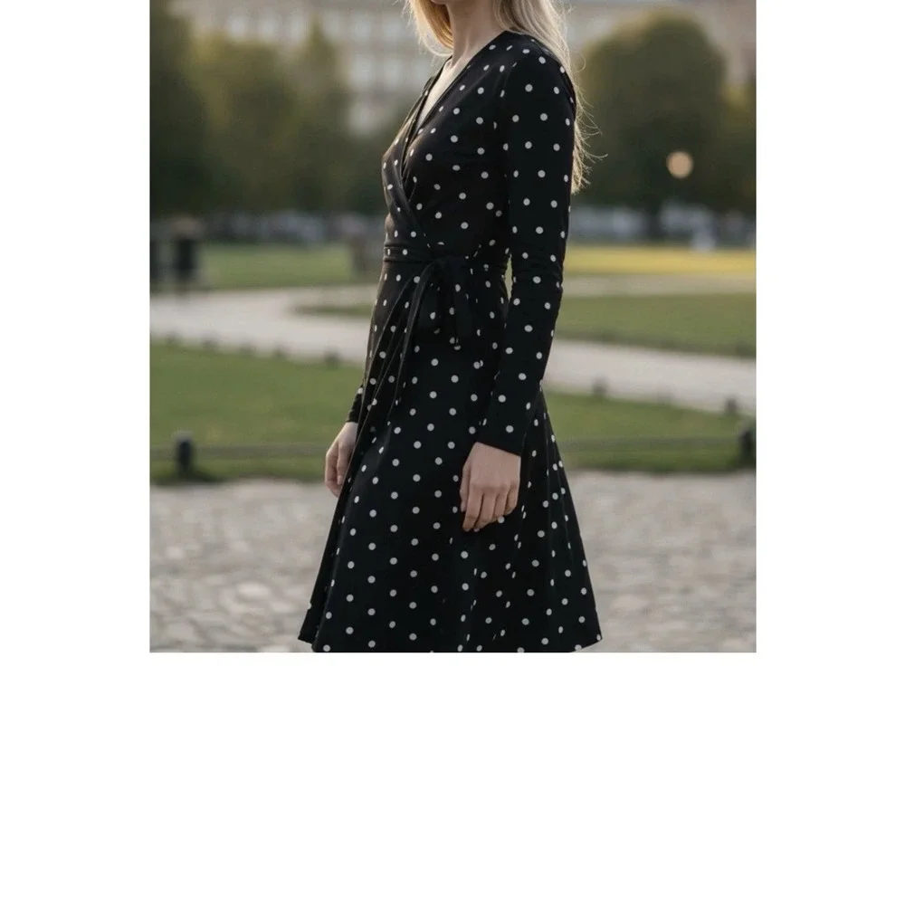 White House Black Market Black Polka Dot Long Sleeve Faux Wrap‎ Dress Size 16